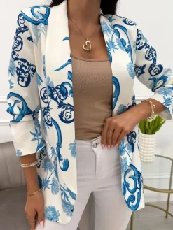 Kremowa Marynarka w Niebieski Wzór 13917-519-Q|Modna Kiecka Fashion