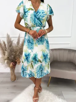 Kremowa Plisowana Sukienka w Niebieskie Kwiaty 10325-01-B|Modna Kiecka Online