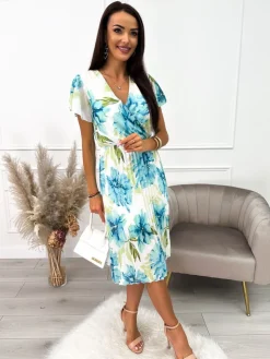 Kremowa Plisowana Sukienka w Niebieskie Kwiaty 10325-01-B|Modna Kiecka Online