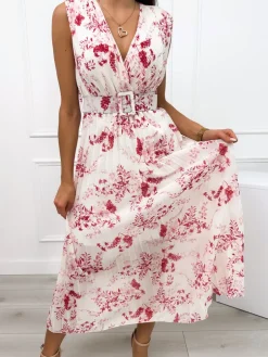 Kremowa Plisowana Sukienka w Czerwony Wzór 12448-187-A|Modna Kiecka Fashion