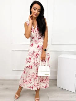 Kremowa Plisowana Sukienka w Czerwony Wzór 12448-187-A|Modna Kiecka Fashion