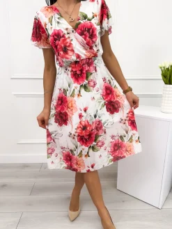 Kremowa Plisowana Sukienka w Kwiaty 12288-336-Q|Modna Kiecka New
