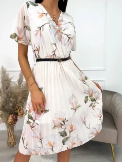 Kremowa Plisowana Sukienka w Kwiaty 10147-35-B|Modna Kiecka Online