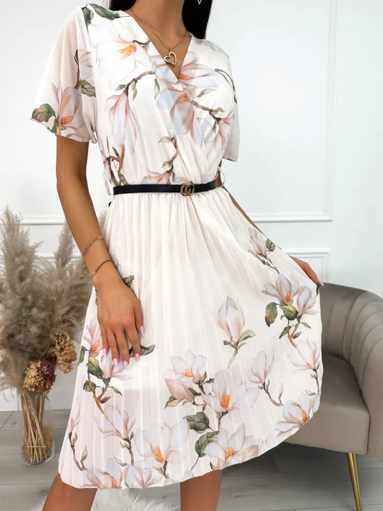 Kremowa Plisowana Sukienka w Kwiaty 10147-35-B|Modna Kiecka Online