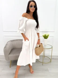 Kremowa Sukienka Hiszpanka Midi 13991-313-C|Modna Kiecka Online