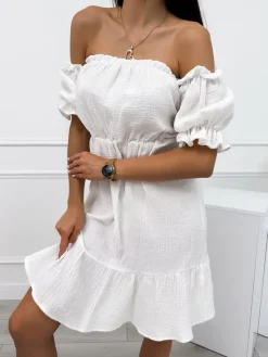 Kremowa Sukienka Hiszpanka z Falbanką 12455-327-D|Modna Kiecka Fashion