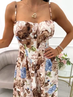 Kremowa Sukienka na Ramiączkach w Brązowe Kwiaty 14097-99-Q|Modna Kiecka Fashion