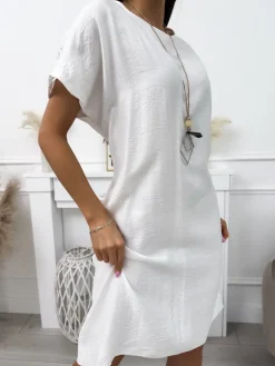 Kremowa Sukienka Oversize z Wisiorkiem 10430-289-F|Modna Kiecka Clearance