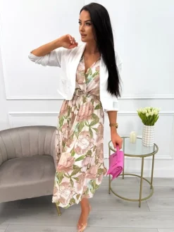 Kremowa Sukienka w Beżowe Kwiaty z Narzutką 13803-224-A|Modna Kiecka Outlet