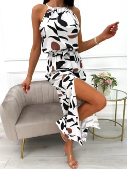 Kremowa Sukienka w Czarny Wzór z Rozporkiem 14055-39-B|Modna Kiecka Fashion