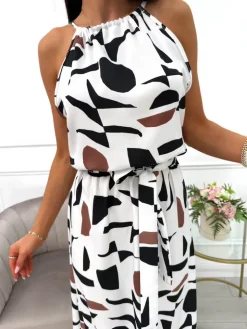 Kremowa Sukienka w Czarny Wzór z Rozporkiem 14055-39-B|Modna Kiecka Fashion