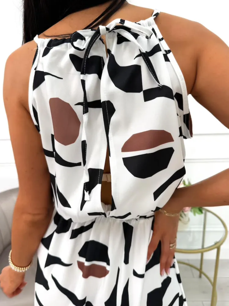 Kremowa Sukienka w Czarny Wzór z Rozporkiem 14055-39-B|Modna Kiecka Fashion
