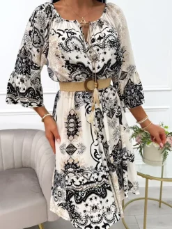 Kremowa Sukienka w Czarny Wzór 12457-529-D|Modna Kiecka Online