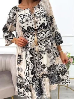 Kremowa Sukienka w Czarny Wzór 12457-529-D|Modna Kiecka Online