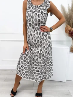 Kremowa Sukienka w Czarny Wzór 12571-108-Q|Modna Kiecka Outlet