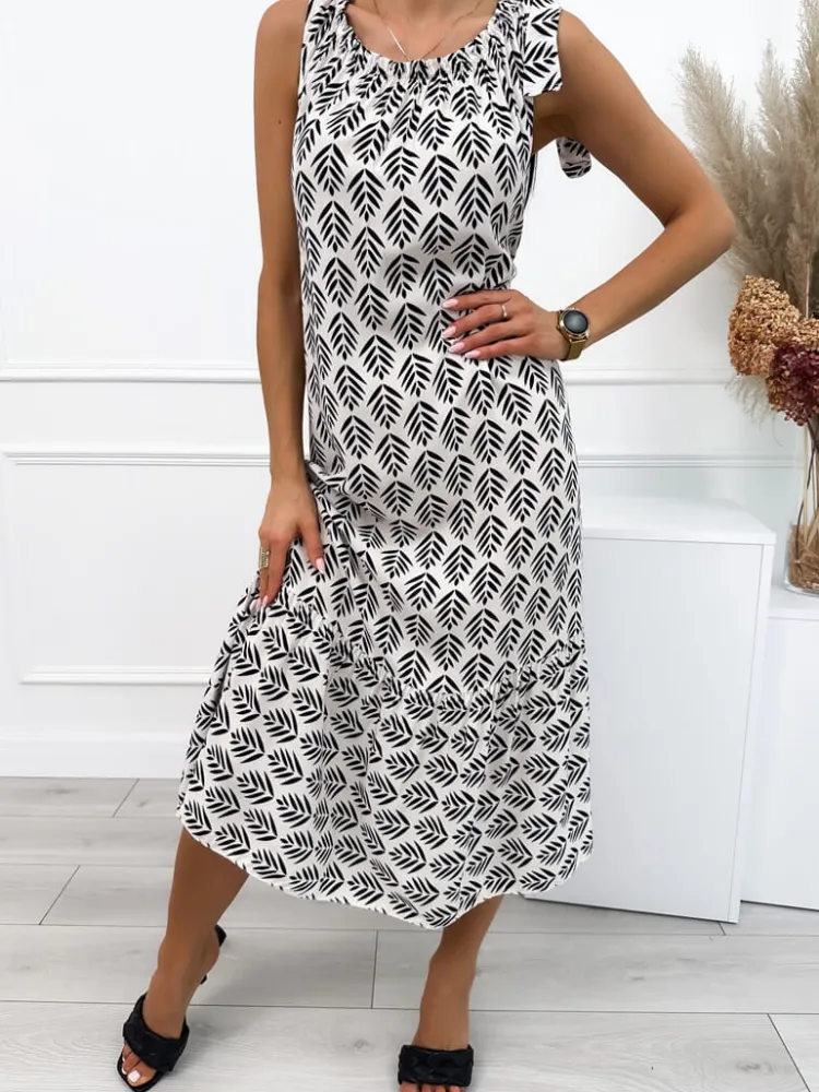 Kremowa Sukienka w Czarny Wzór 12571-108-Q|Modna Kiecka Outlet