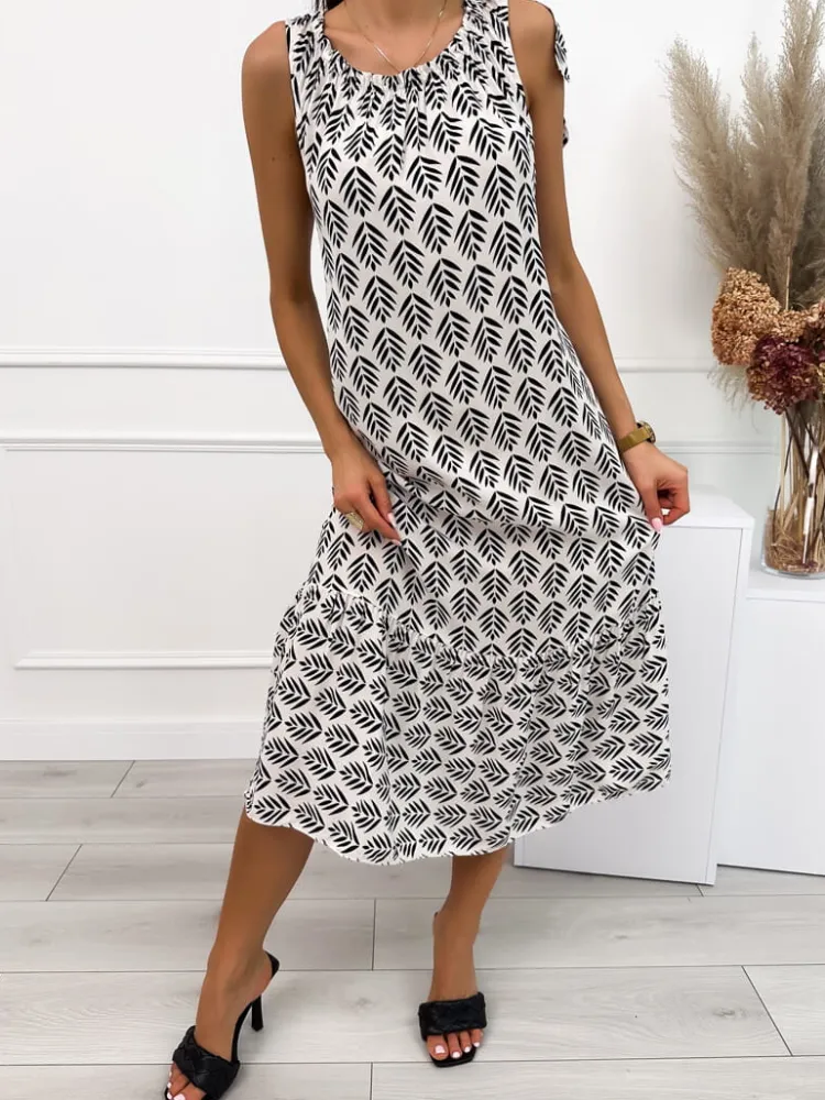 Kremowa Sukienka w Czarny Wzór 12571-108-Q|Modna Kiecka Outlet
