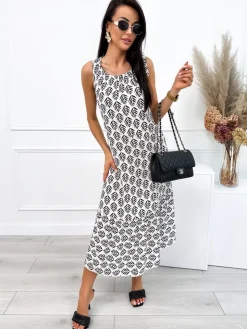 Kremowa Sukienka w Czarny Wzór 12571-108-Q|Modna Kiecka Outlet