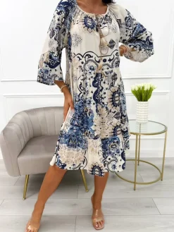 Kremowa Sukienka w Granatowy Wzór 12457-529-E|Modna Kiecka Outlet
