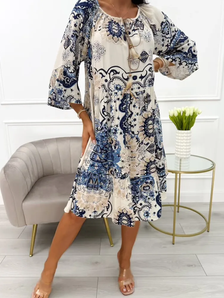 Kremowa Sukienka w Granatowy Wzór 12457-529-E|Modna Kiecka Outlet