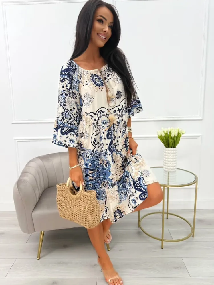 Kremowa Sukienka w Granatowy Wzór 12457-529-E|Modna Kiecka Outlet