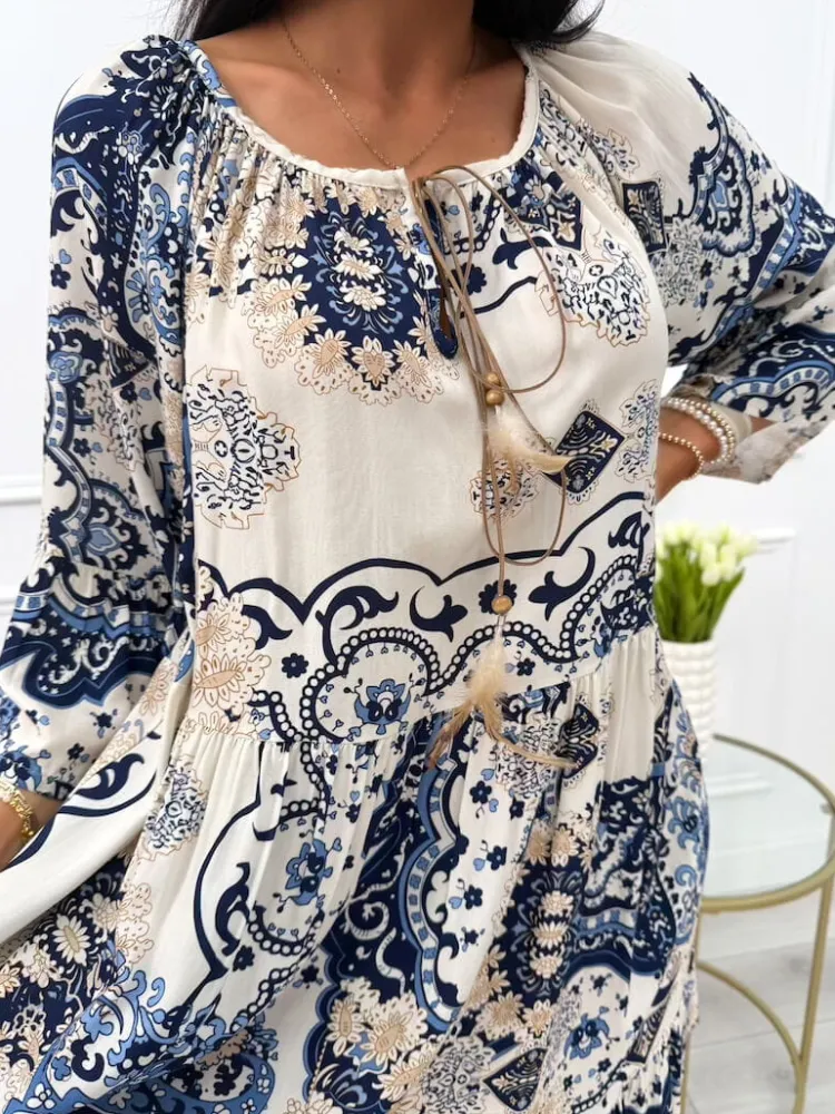 Kremowa Sukienka w Granatowy Wzór 12457-529-E|Modna Kiecka Outlet
