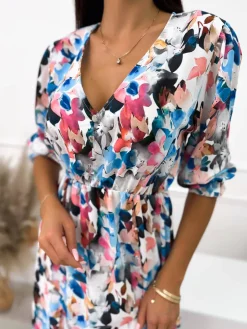 Kremowa Sukienka w Kolorowe Kwiaty  10481-71-Q|Modna Kiecka Hot