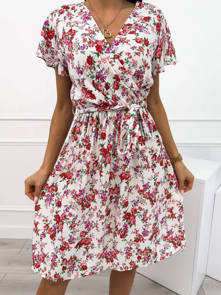 Kremowa Sukienka w Kwiatki 12362-409-C|Modna Kiecka Online