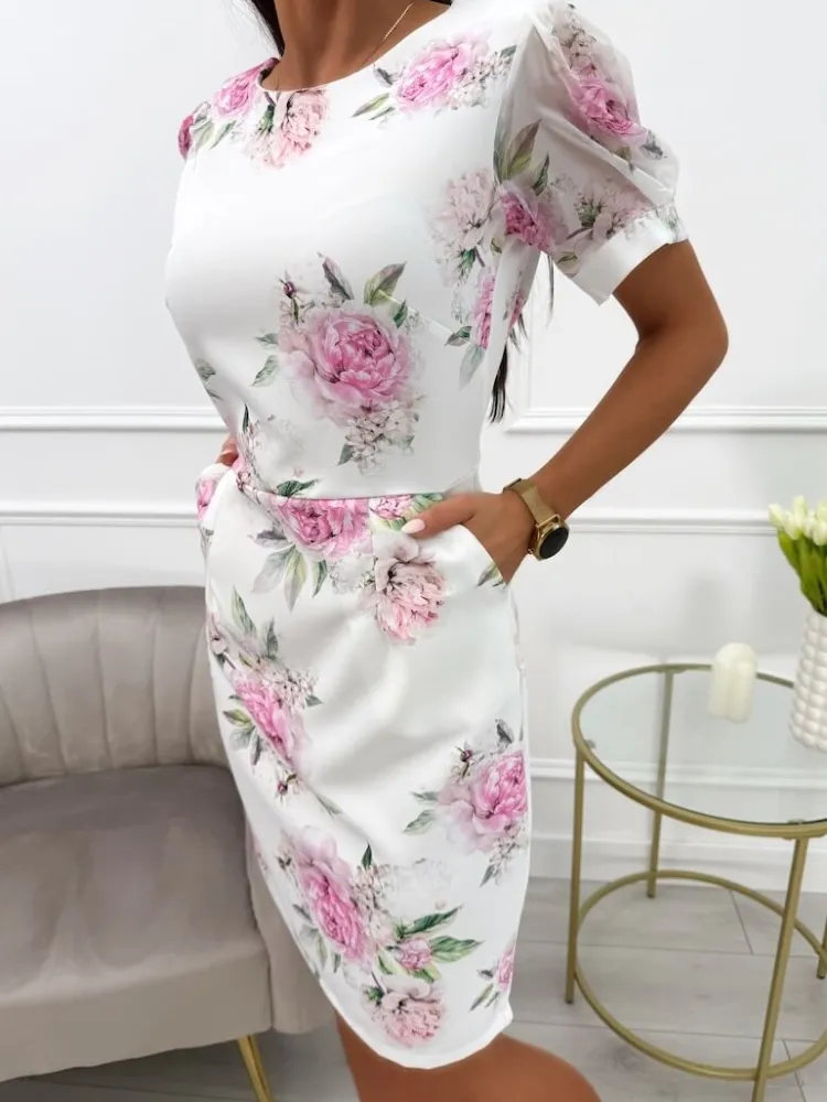 Kremowa Sukienka w Kwiaty z Kieszeniami i Bufiastymi Rękawami 13786-181-B|Modna Kiecka Fashion