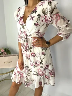 Kremowa Sukienka w Kwiaty 7766-112-C|Modna Kiecka Hot