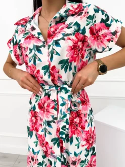 Kremowa Sukienka w Kwiaty z Paskiem 12328-254 12328-254-Q|Modna Kiecka Online