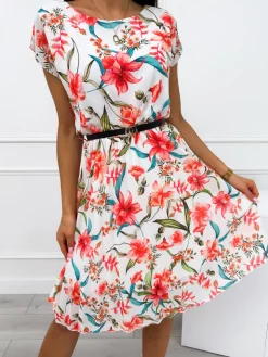 Kremowa Sukienka w Kwiaty z Paskiem 12529-341-Q|Modna Kiecka New