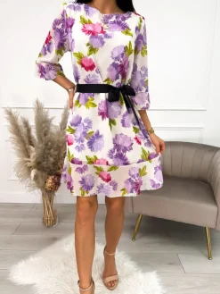 Kremowa Sukienka w Lawendowe Kwiaty 10130-212-B|Modna Kiecka Hot
