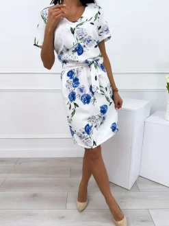 Kremowa Sukienka w Niebieskie Kwiaty z Paskiem 12367-409-A|Modna Kiecka Sale