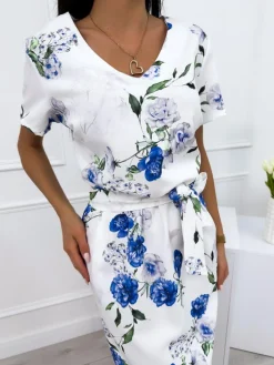 Kremowa Sukienka w Niebieskie Kwiaty z Paskiem 12367-409-A|Modna Kiecka Sale