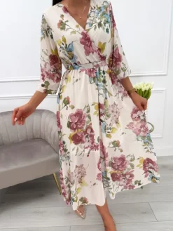 Kremowa Sukienka w Roślinny Wzór z Paskiem 13769-13-Q|Modna Kiecka Hot