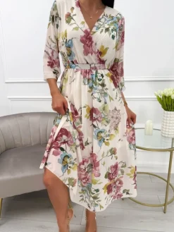 Kremowa Sukienka w Roślinny Wzór z Paskiem 13769-13-Q|Modna Kiecka Hot