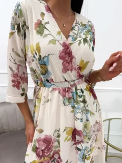 Kremowa Sukienka w Roślinny Wzór z Paskiem 13769-13-Q|Modna Kiecka Hot