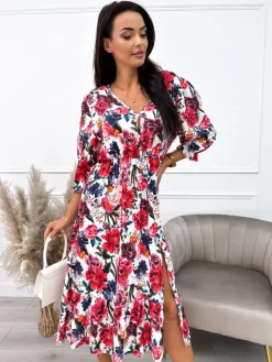 Kremowa Sukienka w Różowe Kwiaty  10414-412-Q|Modna Kiecka Outlet