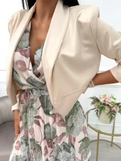 Kremowa Sukienka w Zielone Kwiaty z Narzutką 13803-224-D|Modna Kiecka Outlet