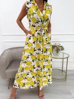 Kremowa Sukienka z Cytrynowym Printem 14082-28-B|Modna Kiecka Fashion