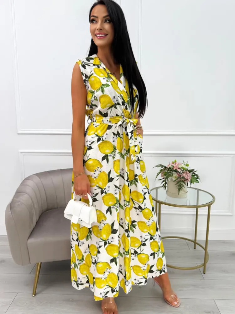 Kremowa Sukienka z Cytrynowym Printem 14082-28-B|Modna Kiecka Fashion