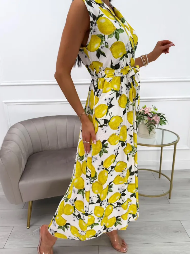 Kremowa Sukienka z Cytrynowym Printem 14082-28-B|Modna Kiecka Fashion