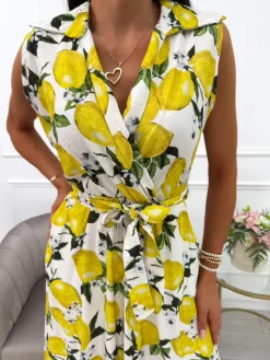 Kremowa Sukienka z Cytrynowym Printem 14082-28-B|Modna Kiecka Fashion