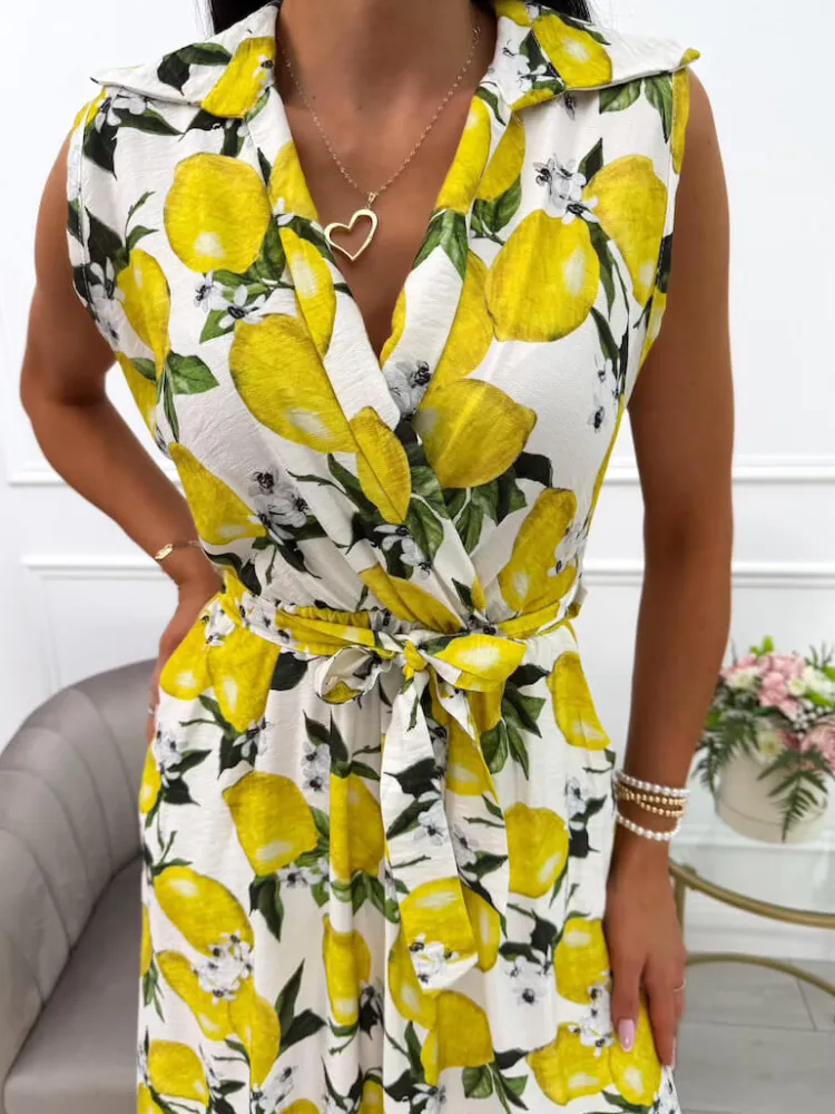 Kremowa Sukienka z Cytrynowym Printem 14082-28-B|Modna Kiecka Fashion