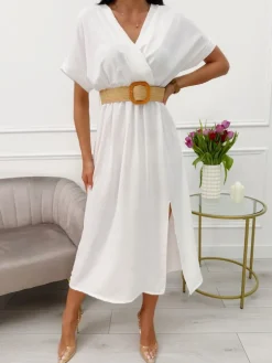 Kremowa Sukienka z Paskiem i Rozporkiem 13627-72-G|Modna Kiecka Fashion