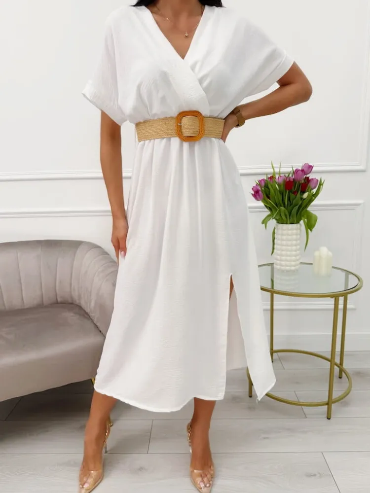 Kremowa Sukienka z Paskiem i Rozporkiem 13627-72-G|Modna Kiecka Fashion