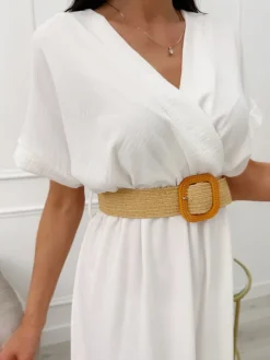 Kremowa Sukienka z Paskiem i Rozporkiem 13627-72-G|Modna Kiecka Fashion