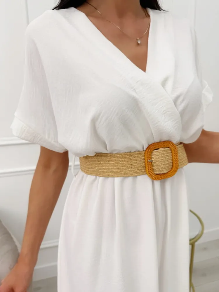 Kremowa Sukienka z Paskiem i Rozporkiem 13627-72-G|Modna Kiecka Fashion