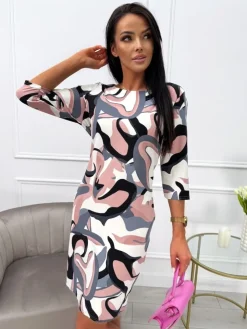 Kremowa Sukienka ze Wzorem i Kieszeniami 13732-53-Q|Modna Kiecka Fashion